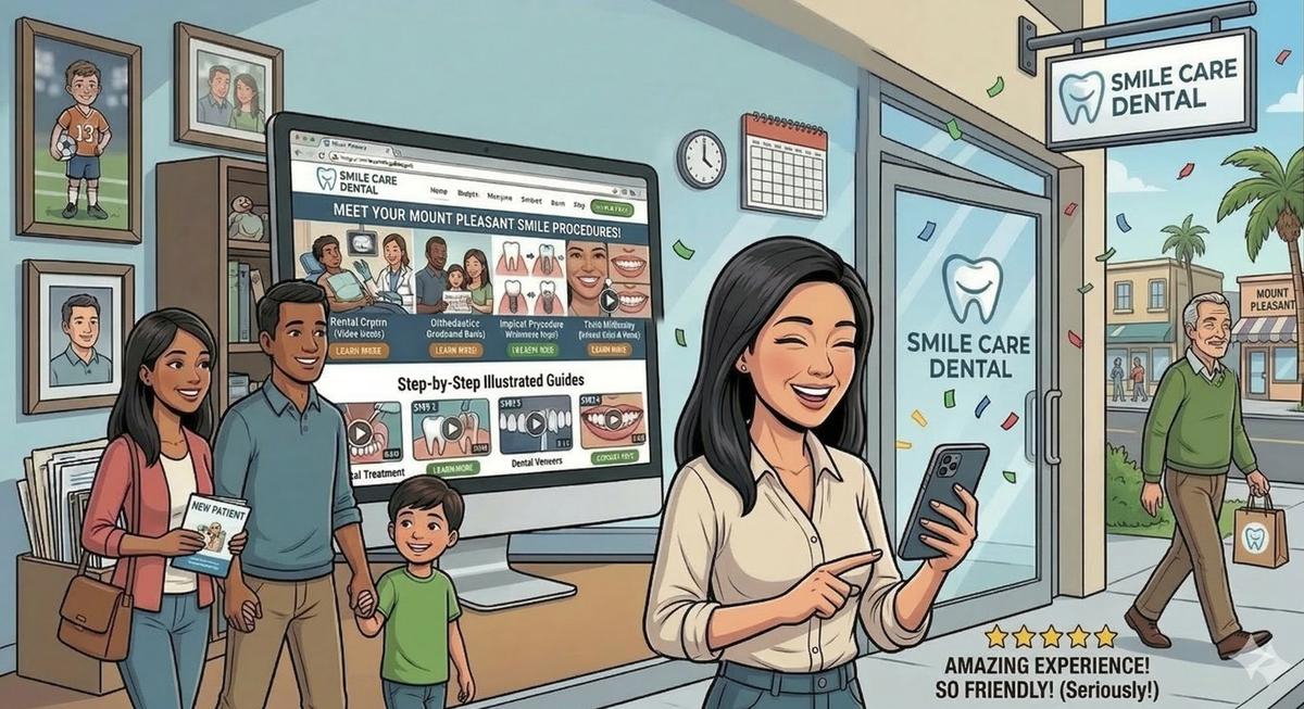 Happy new patients at a thriving dental practice